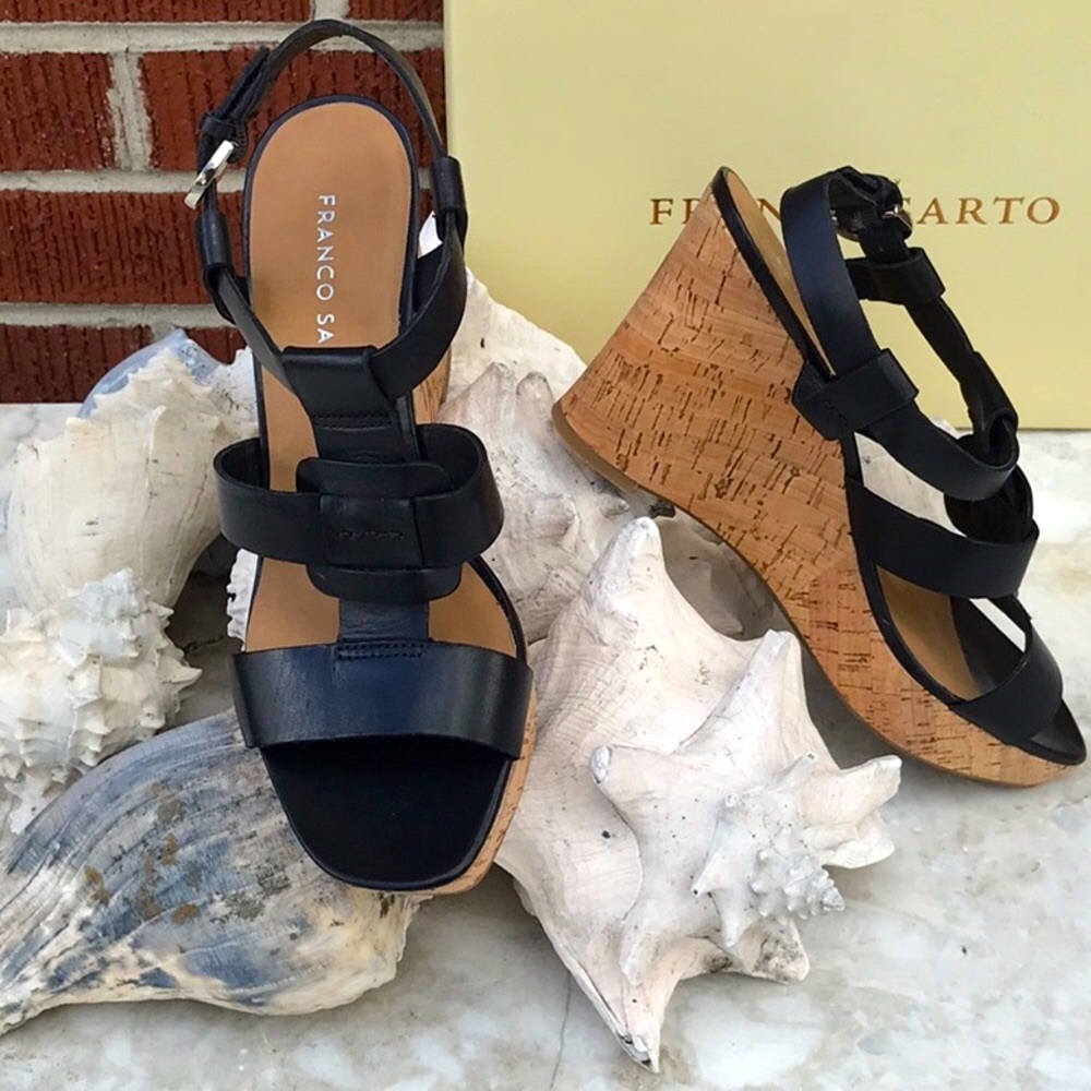 NWT In Original Box Franco Sarto Cera Blk Leather Cork Wedge Sandals Size 7.5 M